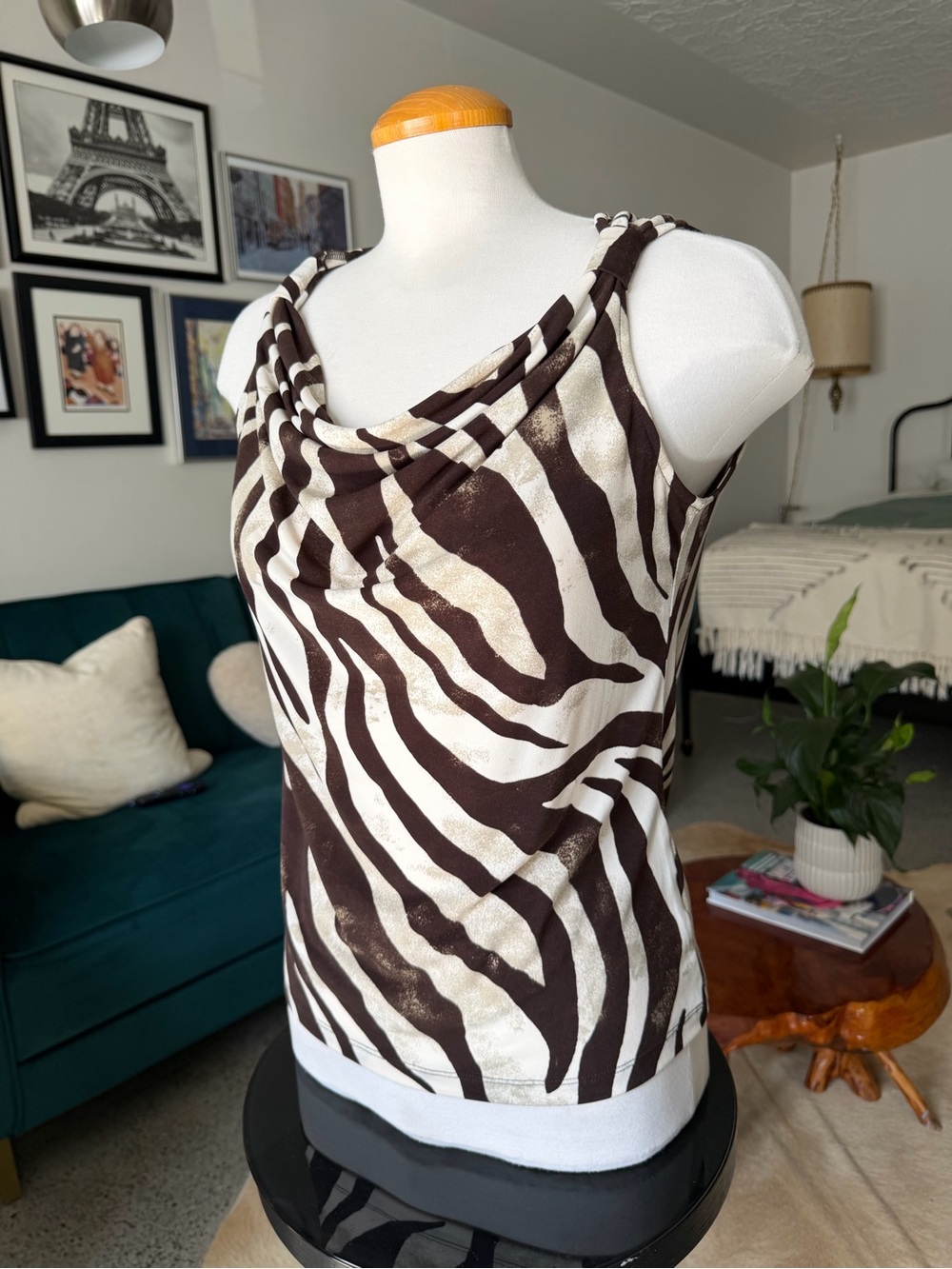Jones New York Brown and Cream Zebra Print Draped Cowl Tank